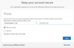 Keep your account secure - What phone number would you like to use (screenshot)