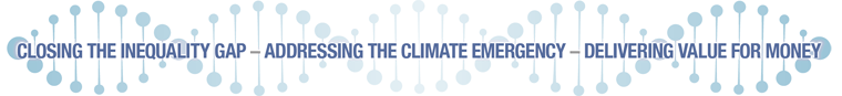 DNA image with text saying - Closing the inequality gap - Addressing the Climate Emergency - Delivering value for money