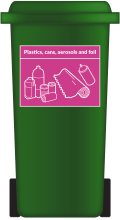 Wheelie bin with a green sticker on the front