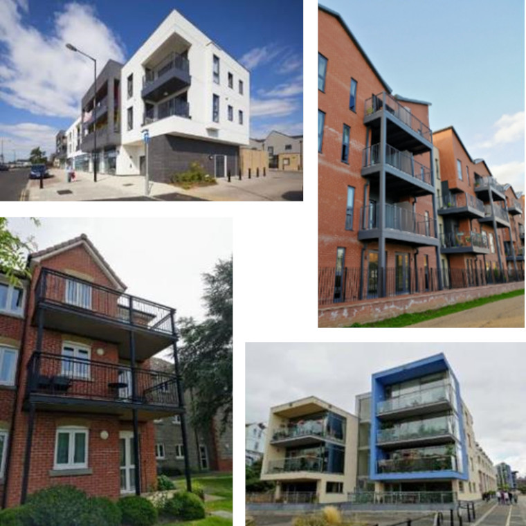 Urban Lifestyles - Private Amenity Space 1 - Clockwise from top left: A range of balconies at Gainsborough Square, Bristol. Balconies at a retirement development, Gloucester Docks. Large partly enclosed balconies at Landmark Court, Harbourside, Bristol. Balconies at Cooper’s Court, Yate. 