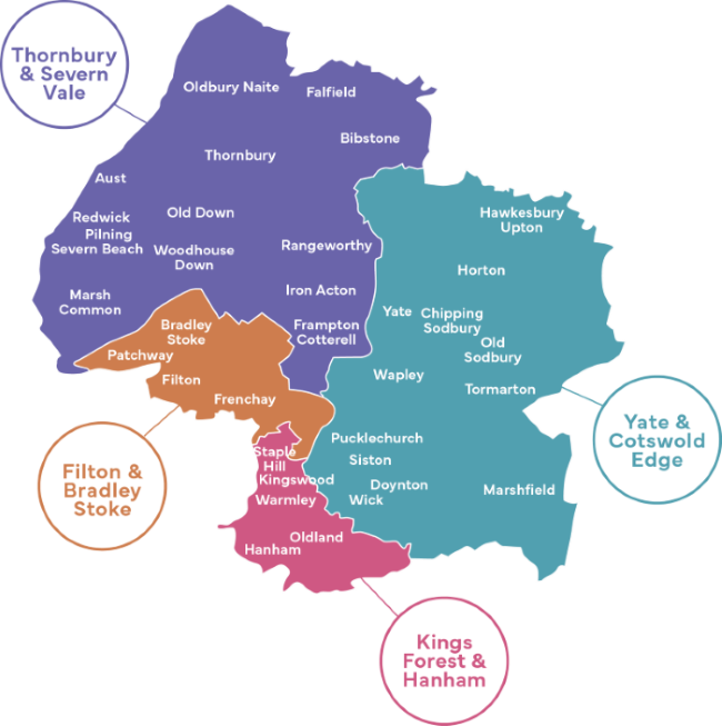 Map showing the 4 different areas in South Gloucestershire for the Your voice... meetings