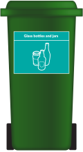 Wheelie bin with a orange sticker on the front