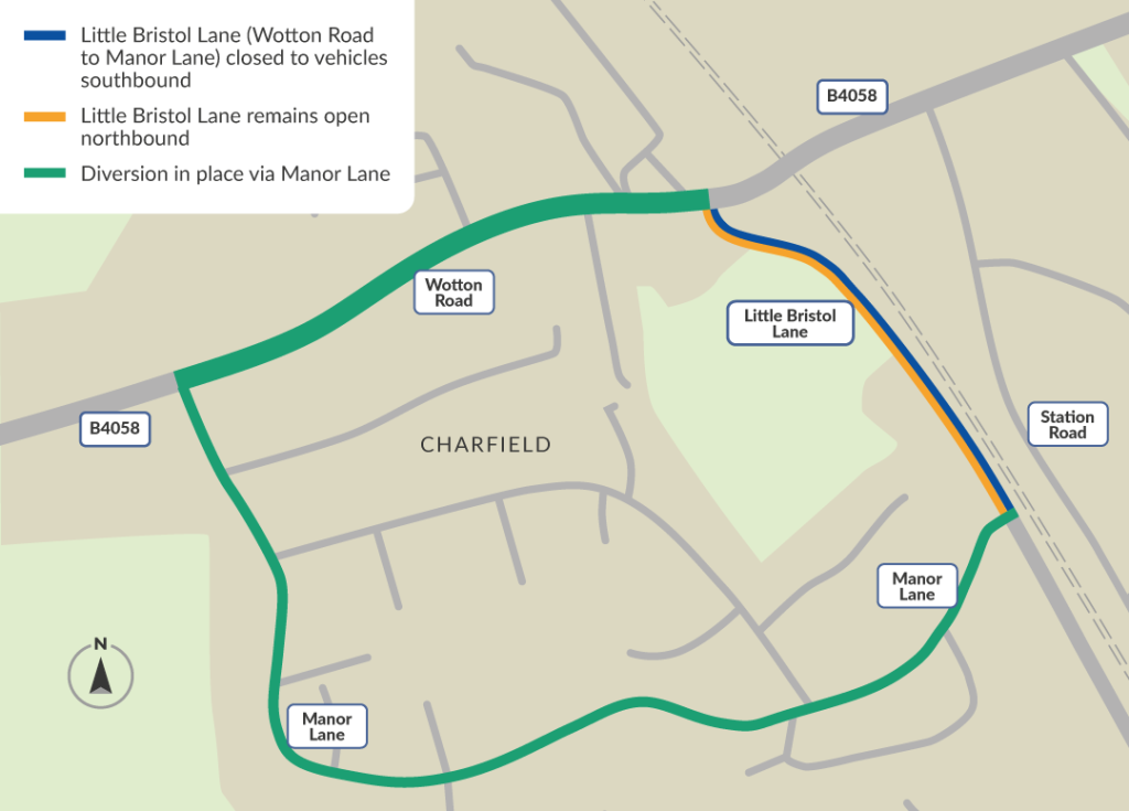 Map showing the Little Bristol Lane southbound closure and diversion via Wotton Road and Manor Lane
