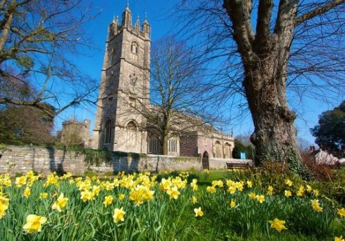 Church with surrounding trees and flowers