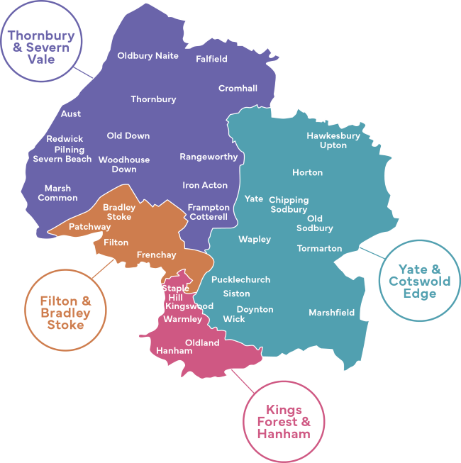 Map showing the 4 different areas in South Gloucestershire for the Your voice... meetings