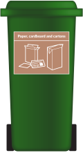 Wheelie bin with a blue sticker on the front