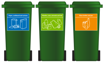 Wheelie bins with different coloured stickers